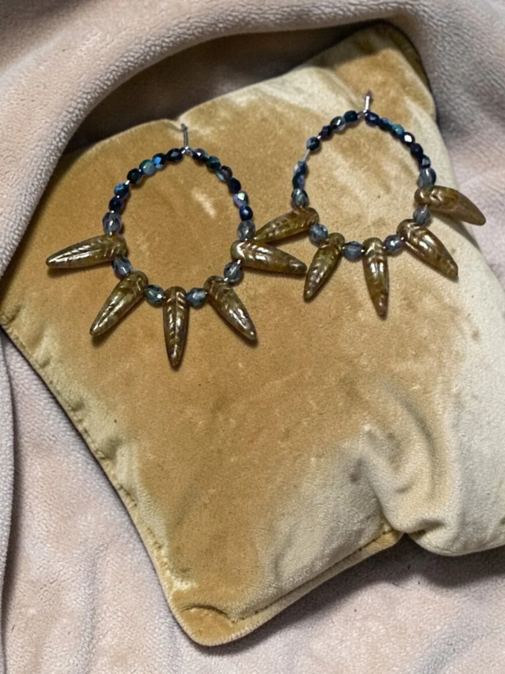 Boho Czech Glass Hoop Earrings Rustic Bronze Dagger Beads Blue Artisan